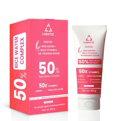 Light Up Sunrise Rice Water De-Tan Face Scrub with 50% Rice Water Complex, Cherry, Vitamin C | Detan & Brighten in 1 Use | Vegan Cellulose Gently Exfoliate & Remove Blackheads | For All Skin Type| 60g