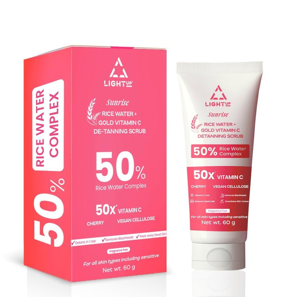Light Up Sunrise Rice Water De-Tan Face Scrub with 50% Rice Water Complex, Cherry, Vitamin C | Detan & Brighten in 1 Use | Vegan Cellulose Gently Exfoliate & Remove Blackheads | For All Skin Type| 60g