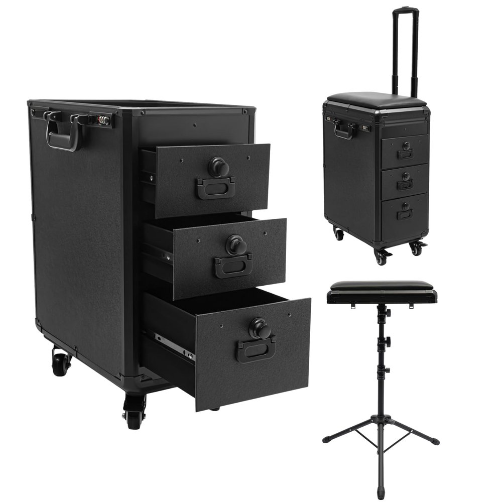 Fenjidrop Portable Tattoo Station on Wheels, 3-Drawer Tattoo Travel Case with Adjustable Armrest Stand, Lockable Storage for Tattoo Equipment & Supplies, Tattoo Workstation (Acrylic Panel)