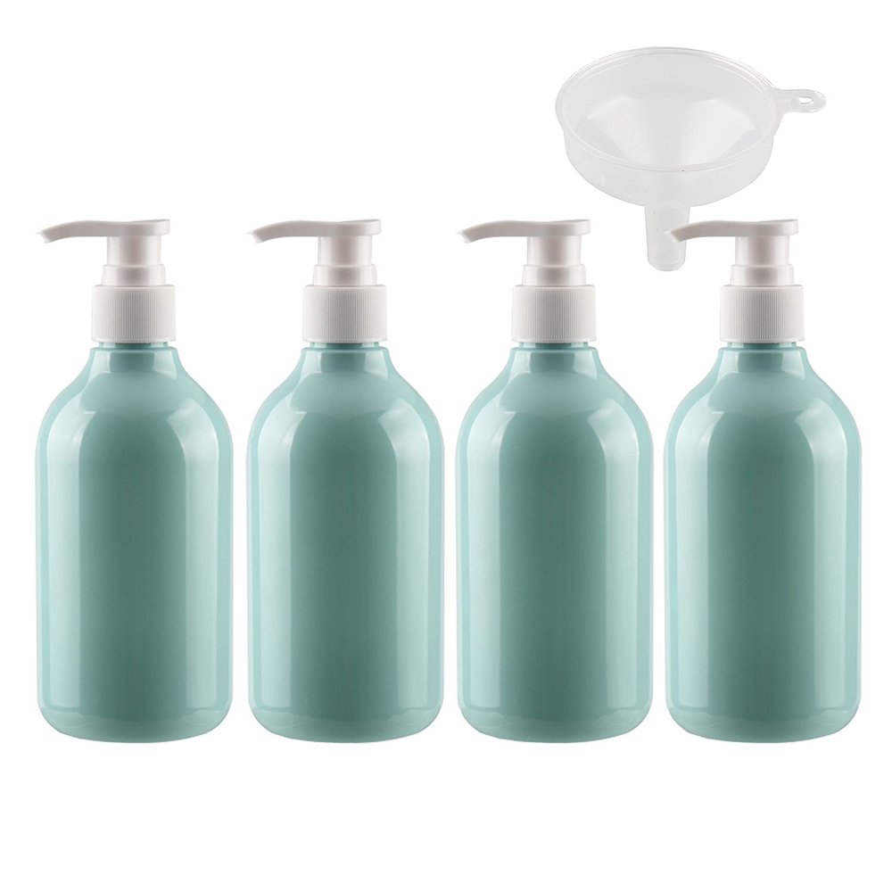 12PCS 300ml 10oz Refillable Empty Light Blue PET Plastic Lotion Pump Bottles, Shampoo Body Washing Cream Shower Gel Storage Holder Container Toiletries Liquid Dispenser + 2 x Funnel (4)