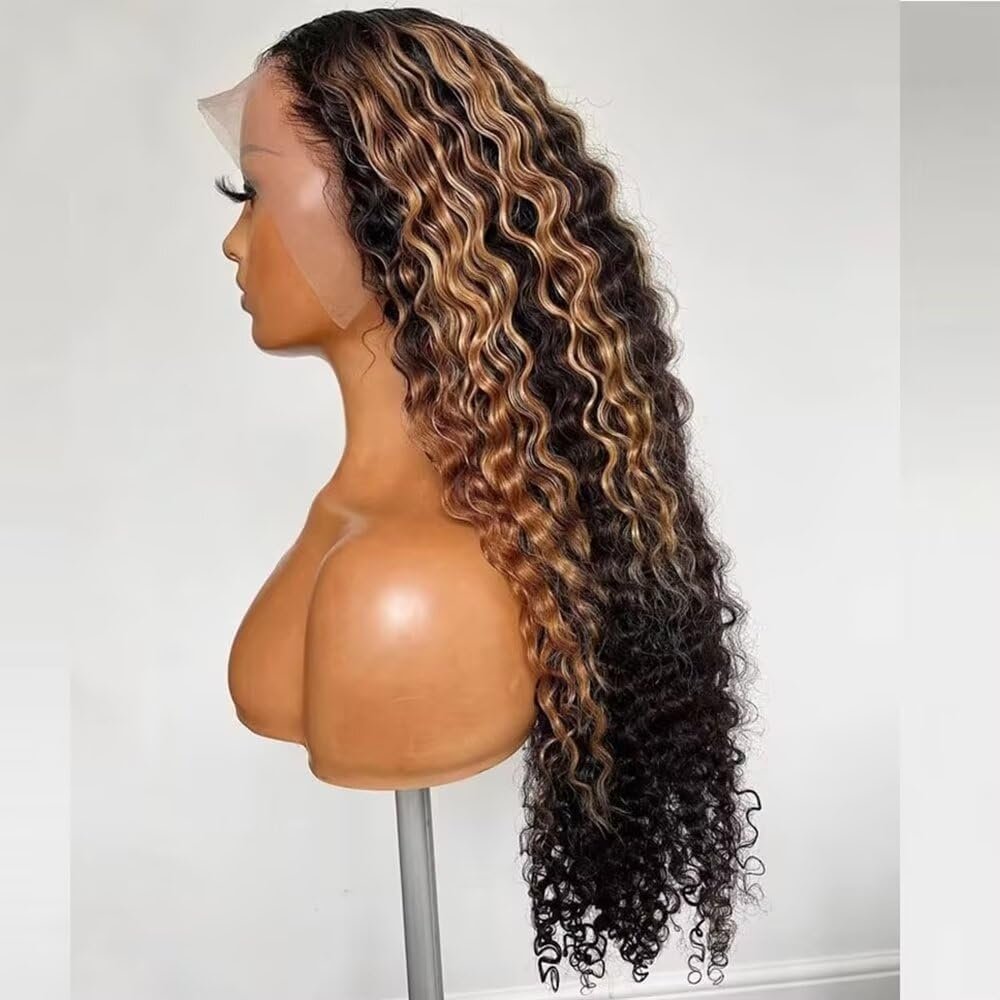 Deep Wave Blonde Brown #27 Color Human Hair Highlight Wigs 13x4 Invisible HD Lace Front Wigs With Natural Baby Hair 150% Density Pre Plucked Curly Remy Brazilian Hair Glueless Wig For Women 16 Inch