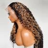 Deep Wave Blonde Brown #27 Color Human Hair Highlight Wigs 13x4 Invisible HD Lace Front Wigs With Natural Baby Hair 150% Density Pre Plucked Curly Remy Brazilian Hair Glueless Wig For Women 16 Inch view 3