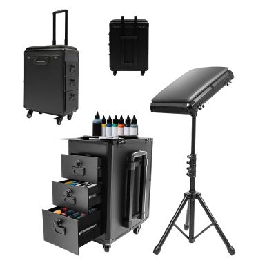 Fenjidrop Portable Tattoo Station on Wheels, 3-Drawer Tattoo Travel Case with Adjustable Armrest Stand, Lockable Storage for Tattoo Equipment & Supplies, Tattoo Workstation (Metal Panel)