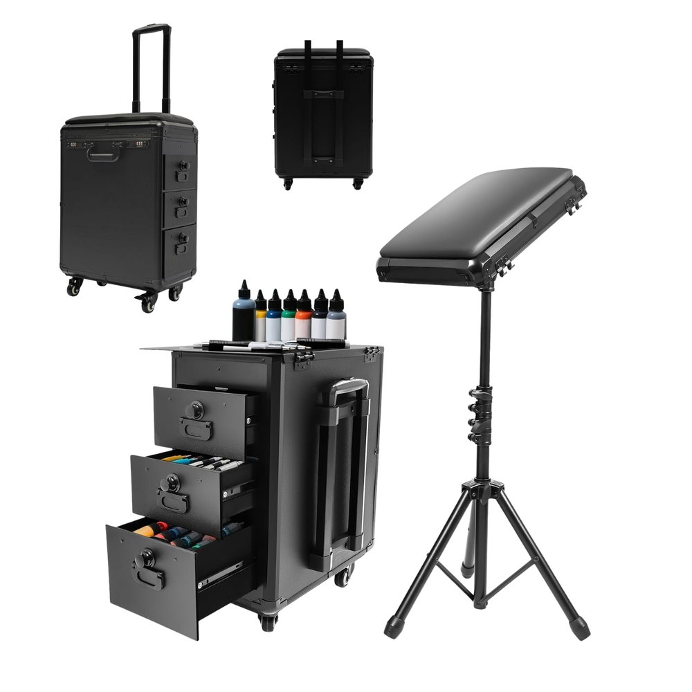 Fenjidrop Portable Tattoo Station on Wheels, 3-Drawer Tattoo Travel Case with Adjustable Armrest Stand, Lockable Storage for Tattoo Equipment & Supplies, Tattoo Workstation (Metal Panel)