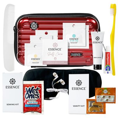 Essence Travel Amenity Kit | Travel Essentials & Travel Size Toiletries Kit | 5-Pack Nasal Diffuser Rings, Sleep Mask, Lotion & Hygiene Kit | Travel Toiletry Kit for Women | Burgundy Case