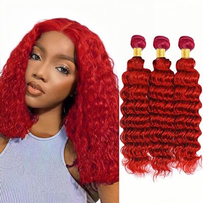 Red Bundles Deep Wave Bundles Human Hair 24 26 28 Inch Unprocessed Brazilian Virgin Hair Weave 3 Bundle Red Human Hair Extensions 50 Grams Per Bundle
