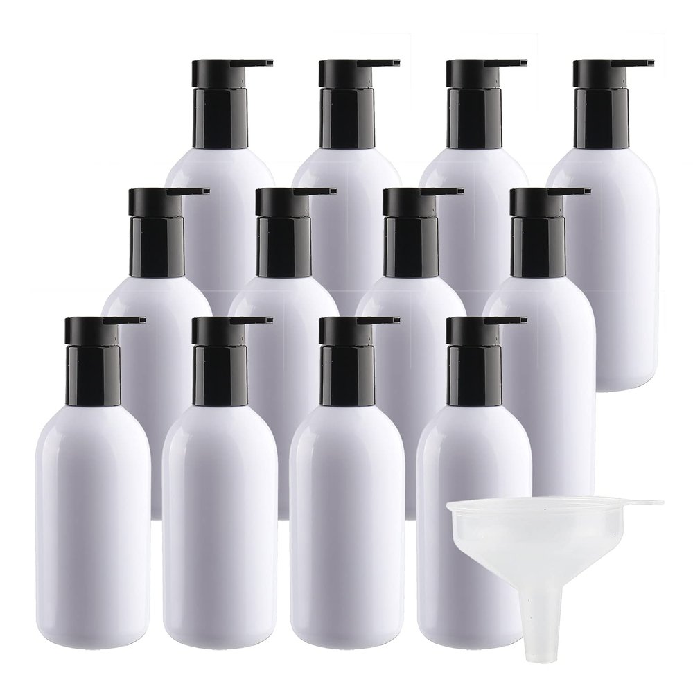 24PCS 300ml 10oz Refillable Empty White PET Plastic Lotion Pump Bottles, Shampoo Body Washing Cream Shower Gel Storage Holder Container Toiletries Liquid Dispenser + 1 x Funnel (White)