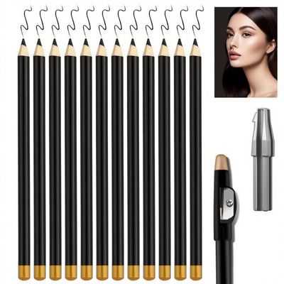 12 PCS Wooden Hard-Core Eyebrow Pencils for Women, 2025 Upgrade 2 in 1 Eyeliner and Eyebrow Pencil, Waterproof and Sweat-Proof Dark Brown Eyebrow Pencil Set with Sharpener for Beginner (Black)