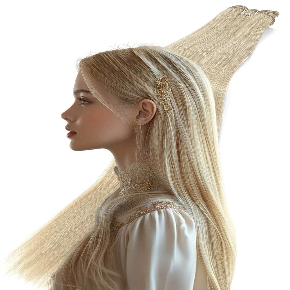 34 Inch Sew in Hair Extensions for Thin Hair 200g Long Straight Ash Blonde Bundles Synthetic