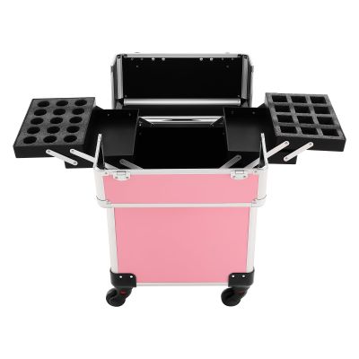 LTIGOAW Professional Rolling Makeup Travel Case, Lockable Hair Care Trolley, Beauty Salon Cosmetics Luggage Travel Organizer Toolbox, Makeup Train Case (Pink)