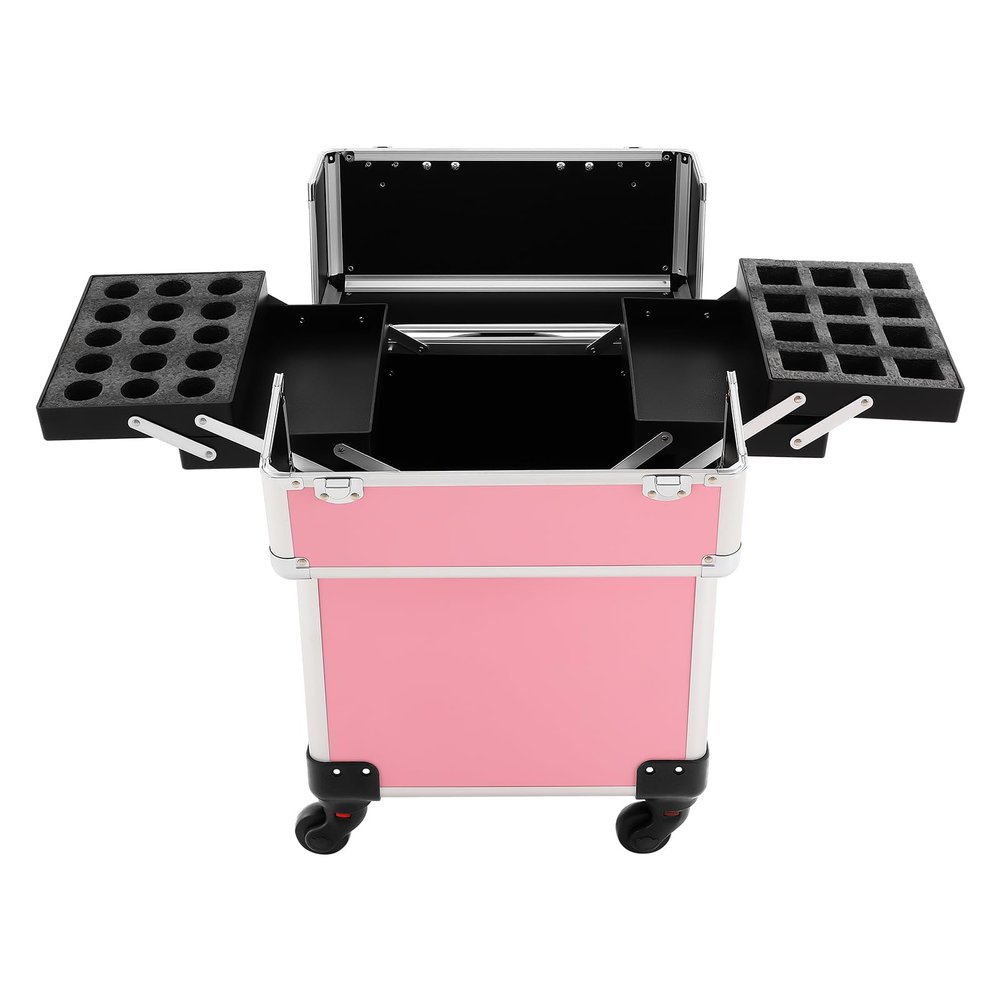 LTIGOAW Professional Rolling Makeup Travel Case, Lockable Hair Care Trolley, Beauty Salon Cosmetics Luggage Travel Organizer Toolbox, Makeup Train Case (Pink)