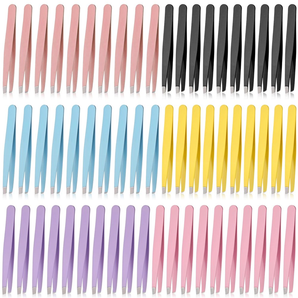 60Pcs Slanted Eyebrow Tweezers for Women Men, Stainless Steel Tweezers Bulk Professional High Precise Tweezer for Ingrown Hair Removal Plucking Blackheadl(Multicolor)