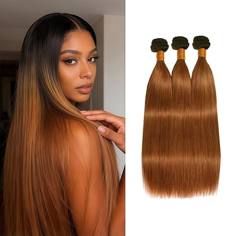 KODRHAR Ombre Light Brown Straight Human Hair Bundles 26 28 30 Inch T1B/30 Brown Bundles Human Hair 10A Brazilian Virgin Quick Weave Hair for Black Women