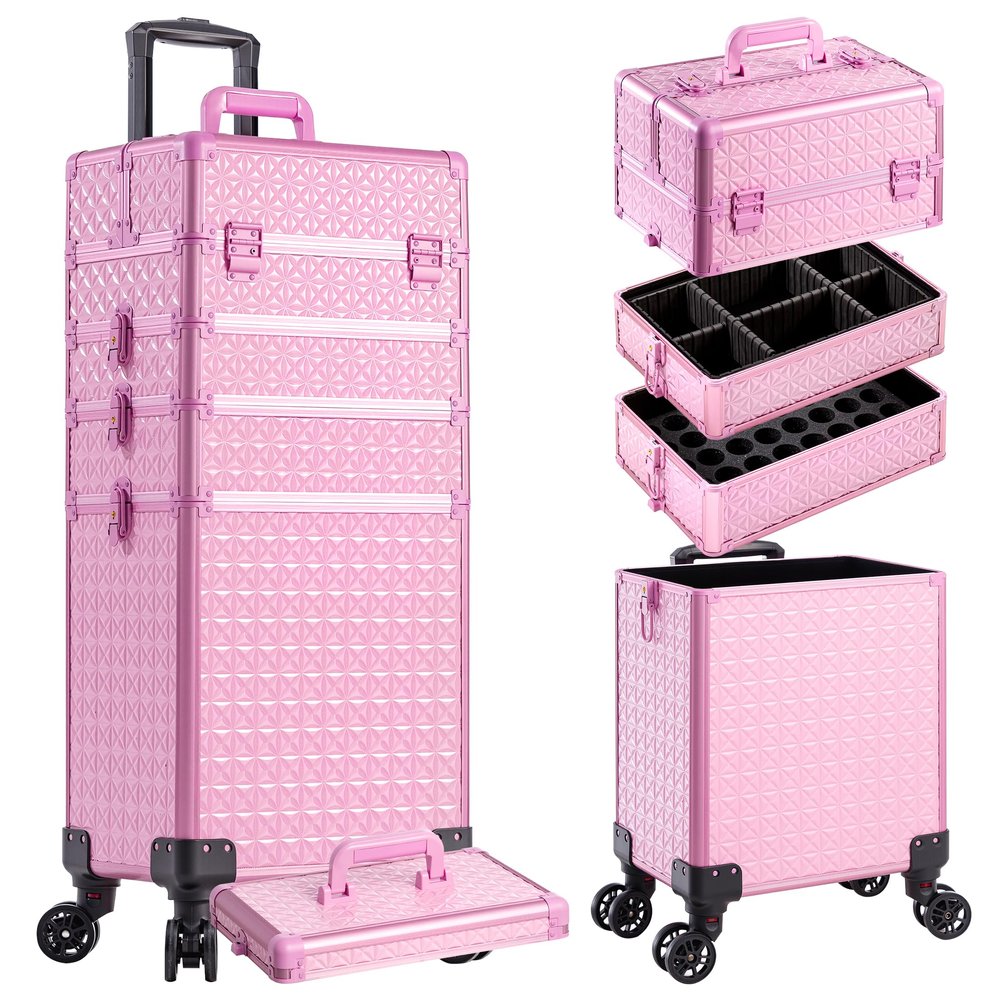 AROUS 5 in 1 Rolling Makeup Train Case Cosmetology Case on Wheels Large Cosmetic Organizer Travel Cart for Hairstylist Artist Nail Beauty Salon Barber,All Pink
