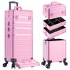 AROUS 5 in 1 Rolling Makeup Train Case Cosmetology Case on Wheels Large Cosmetic Organizer Travel Cart for Hairstylist Artist Nail Beauty Salon Barber,All Pink view 1
