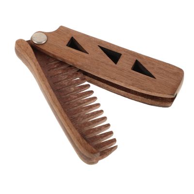 minkissy Wooden Folding Mustache Comb Wide Tooth Barber Comb for Men Engraved Travel Pu Case for Beard Care
