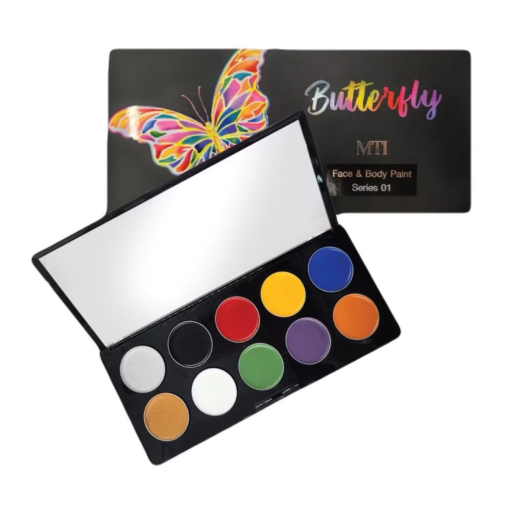 CosmeticsxMTI | Face & Body Paint Palette | 10-Color Butterfly Series | Matte & Shimmer | Non-Toxic Safe for Skin