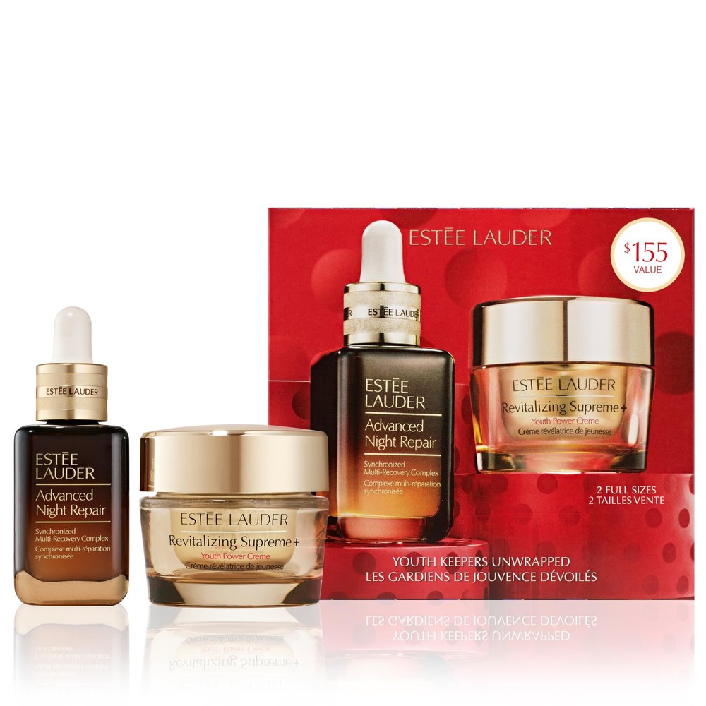 Este Lauder Youth Keepers Unwrapped: Lift + Firm + Glow 2-Piece Skincare Gift Set | Includes Full-Size Advanced Night Repair Serum 1 Fl Oz & Revitalizing Supreme+ Moisturizer 1 Ounce