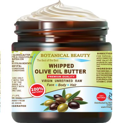 Botanical Beauty Whipped OLIVE OIL BUTTER 100% Natural Pure Organic Cocoa Butter, Shea Nut Butter, Organic Olive Oil Virgin Unrefined for FACE, SKIN, BODY, HAIR, NAILS. (8 Fl Oz)