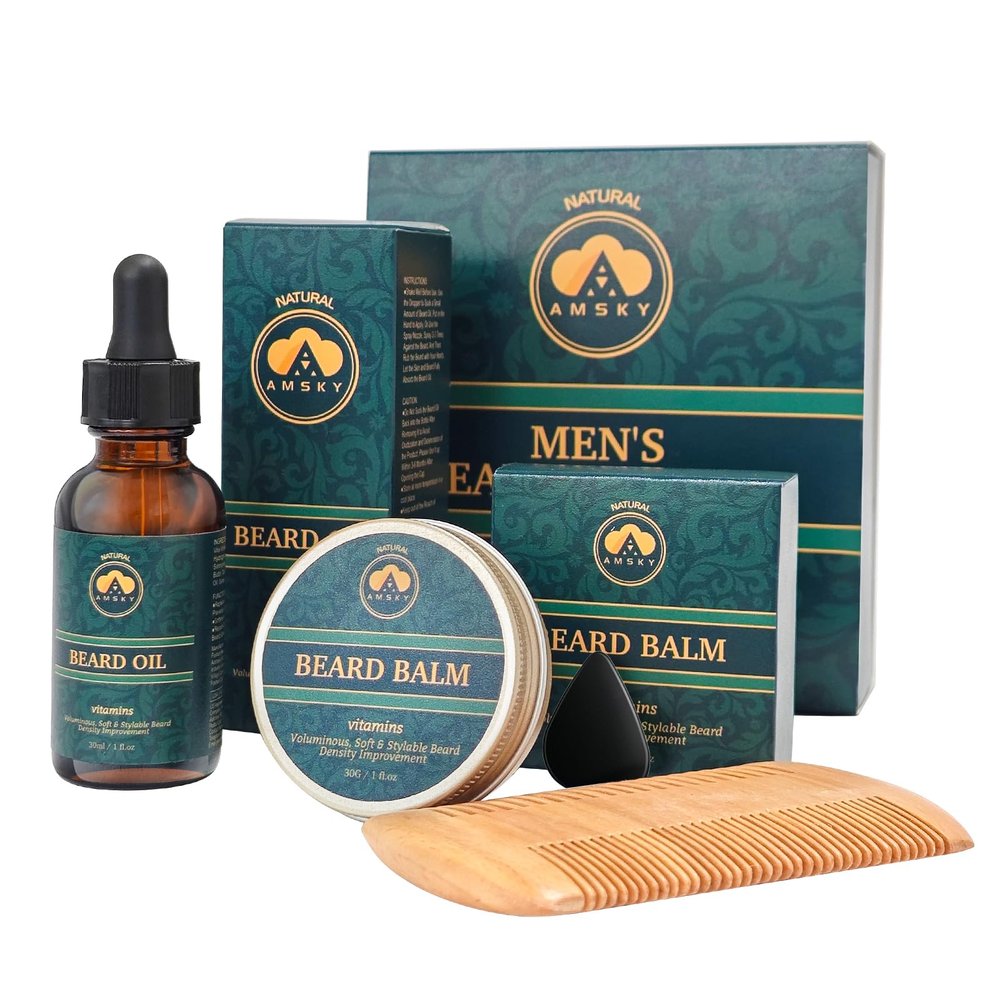 AMSKY Beard growth kit - Beard oil, beard balm, beard comb, productos para la barba | boyfriend birthday gifts | gifts for him husband | Christmas | Husband stocking stuffers