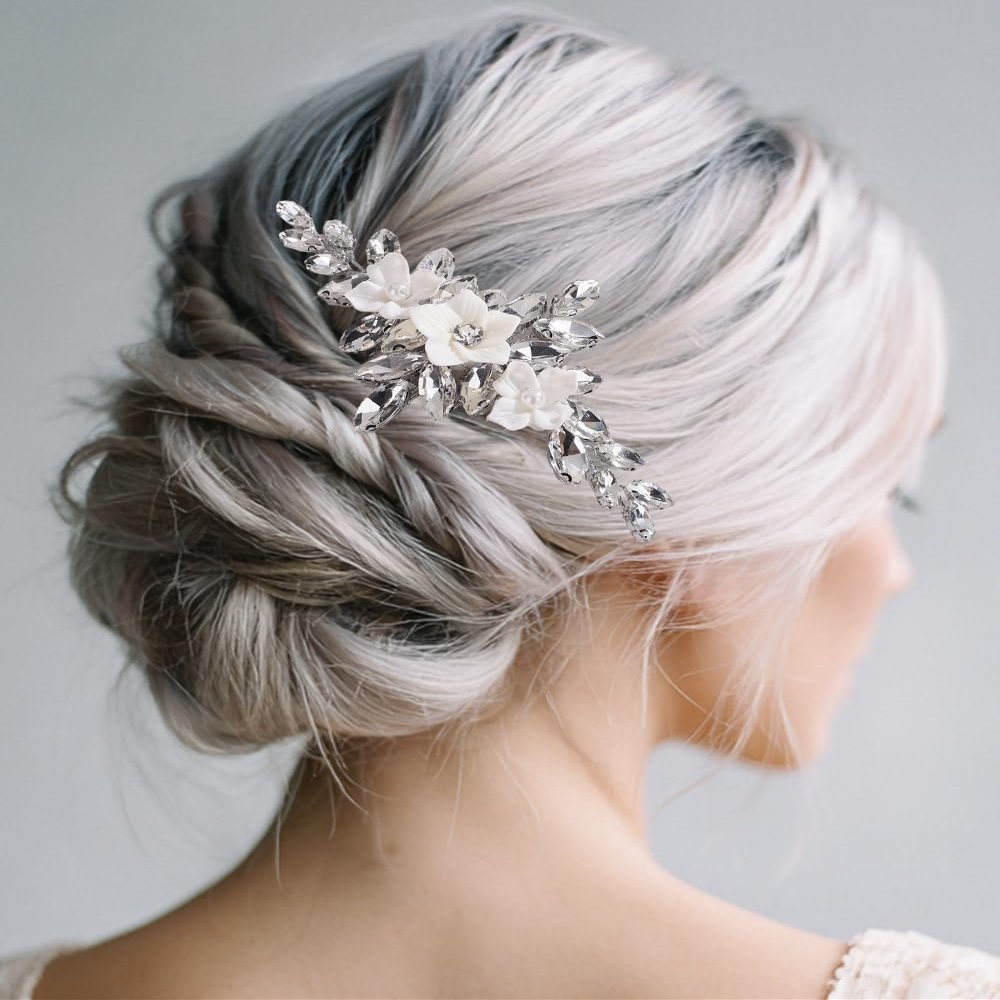 Xerling Bride Wedding Silver Rhinestone Hair Comb Flower Hair Piece Bridal Floral Hair Jewelry Accessories for Women (Silver)