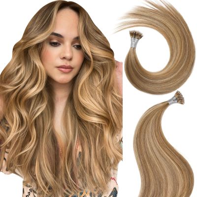 MioYio Nano Hair Extensions Human Hair 7/60#-Caramel Color Mixed With Brown 20inch 40G/40S/Pack Nano Bead Hair Extensions Human Hair Nano Ring Hair Long Straight For Women