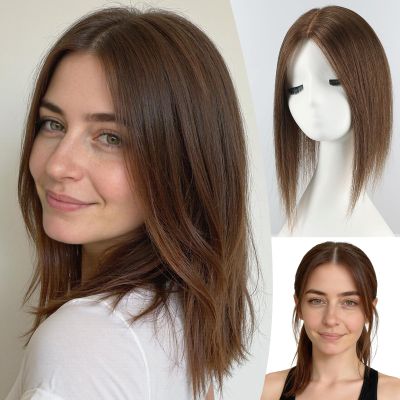starluck 4.5"*5" Swiss Lace Base Hand-Tied Hair Toppers for Women Real Human Hair Topper14 inchNo Bangs SilkHug Hair Topper for Women with Thinning or Grey Roots (Brown)
