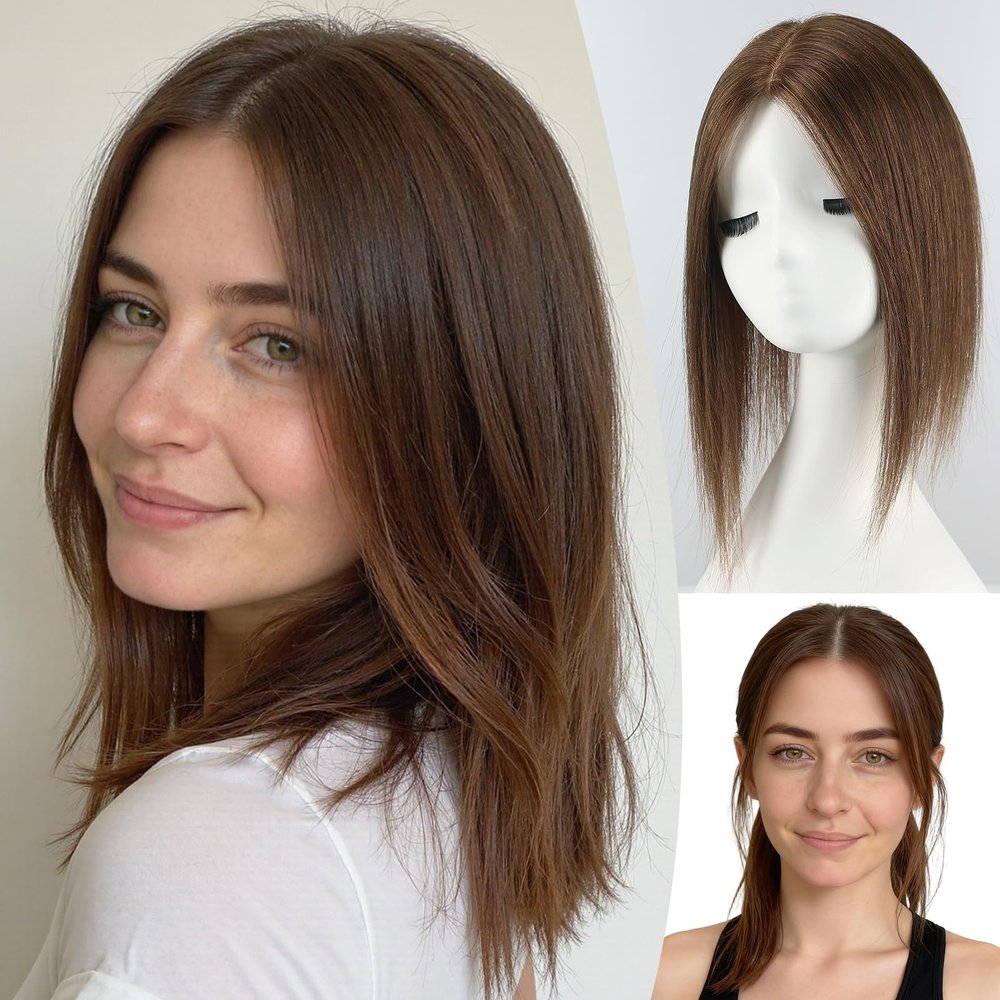 starluck 4.5"*5" Swiss Lace Base Hand-Tied Hair Toppers for Women Real Human Hair Topper14 inchNo Bangs SilkHug Hair Topper for Women with Thinning or Grey Roots (Brown)