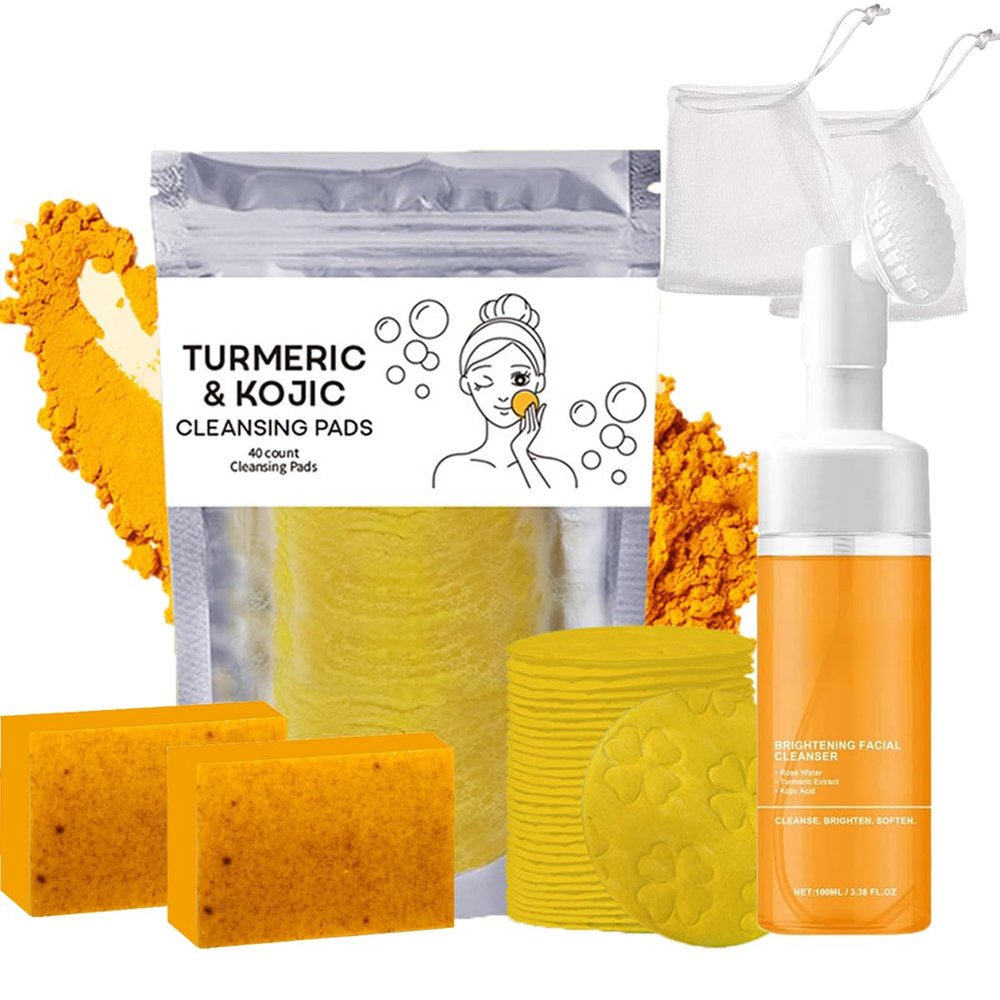 Baorder 4Pcs Turmeric Wash and Care Set,Tuemeric Facial Cleanser, Turmeric Cleansing Exfoliating Pads,Handmade Soap Bubble Mesh Bags,Turmeric Soap Combo,Skin Care Set for Face & Body,Deep Cleansing