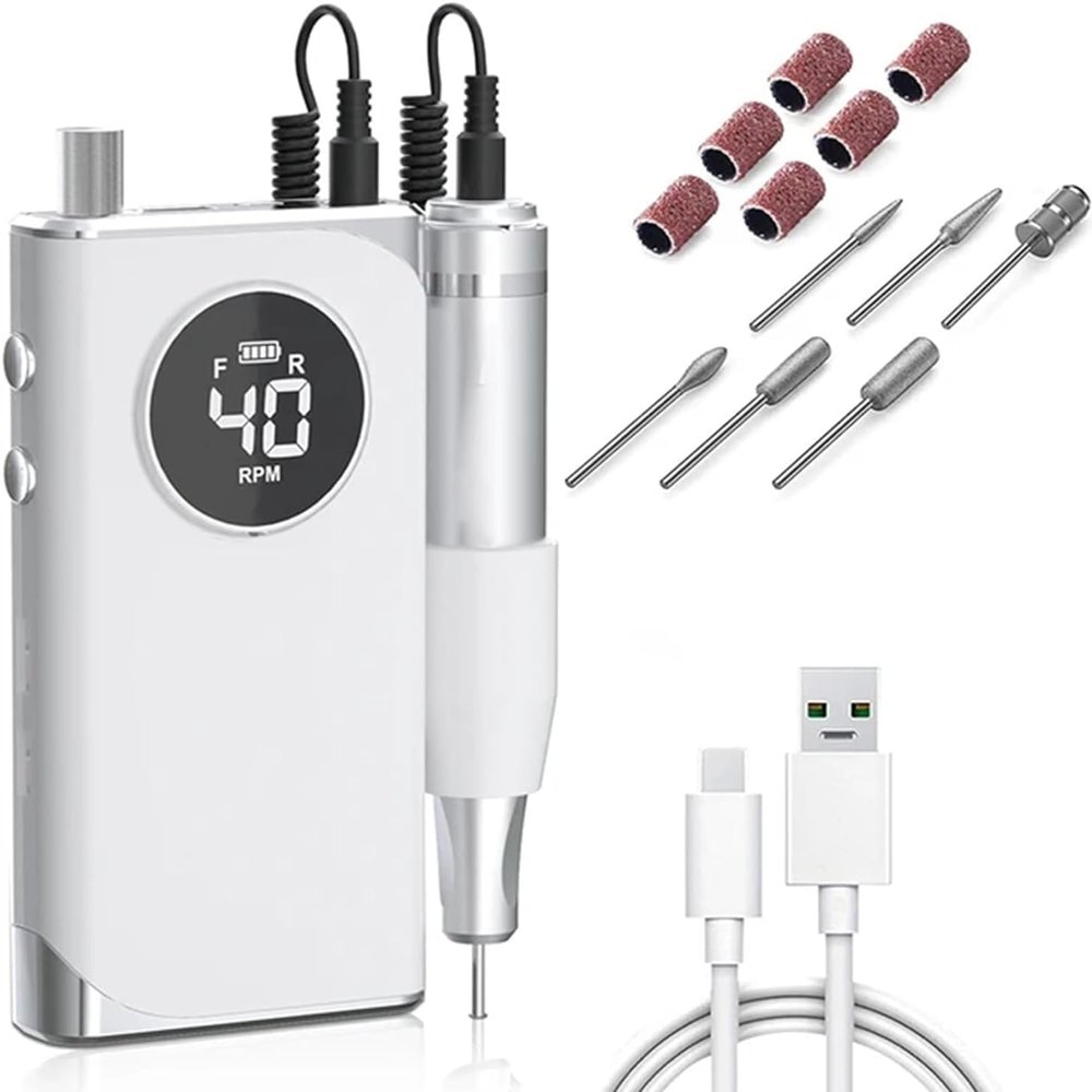 40000Rpm Professional Nail Drill Machine Rechargeable Portable Powerful Electric Nail File with Pause Mode for Acrylic Gel Nails Home Salon,White