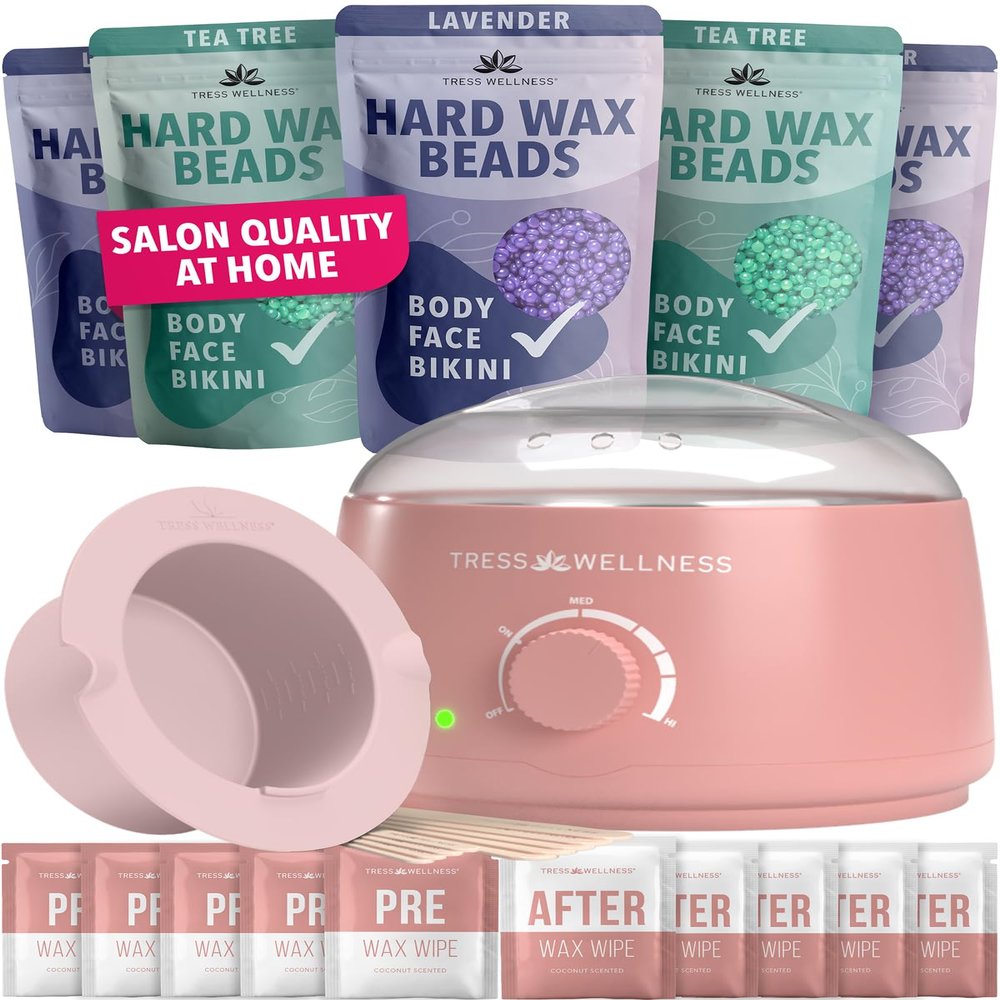 Tress Wellness Waxing Kit for Sensitive Skin Safe for Face & Skin, Prep & Aftercare Wipes, Easy to Use At-Home Kit for Face, Bikini, Brazilian & Full Body - Pink, No Display