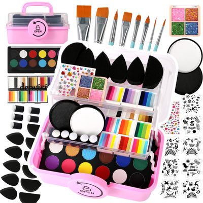 Professional Face Painting kit for Adult Face Painter Depvision 68 Colors Split Cake Face Paint Kit, Non-Toxic Washable Safe Water Based with Brushes Stencils Sponge Gems Glitter for Halloween