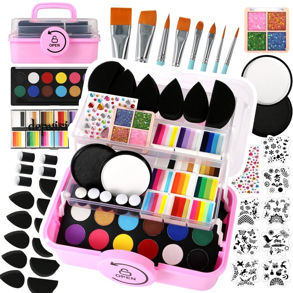 Professional Face Painting kit for Adult Face Painter Depvision 68 Colors Split Cake Face Paint Kit, Non-Toxic Washable Safe Water Based with Brushes Stencils Sponge Gems Glitter for Halloween
