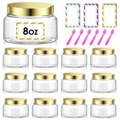12 Pack 8 oz Plastic Cosmetic Containers With Lids Refillable Clear Empty Travle Jars Containers for Body Butter,Sugar Scrubs,Cream,Lotions,Candy, Waterproof Label&Spatulas - (Gold)