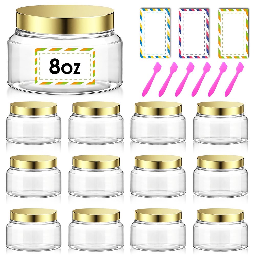 12 Pack 8 oz Plastic Cosmetic Containers With Lids Refillable Clear Empty Travle Jars Containers for Body Butter,Sugar Scrubs,Cream,Lotions,Candy, Waterproof Label&Spatulas - (Gold)