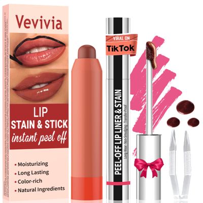 Vevivia Lip Stain Set - Peel Off Lip Stain and Lip Balm, Long Lasting Lip Liner Stain with Natural Finish, Moisturizing Lip Balm for Dry Lips, Hydrating Gloss, Waterproof, Smudge-proof, Rose