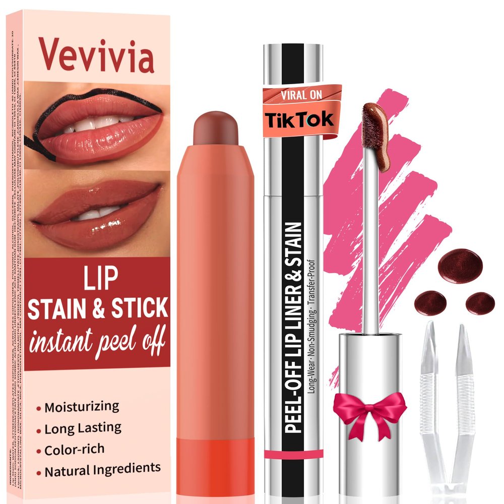 Vevivia Lip Stain Set - Peel Off Lip Stain and Lip Balm, Long Lasting Lip Liner Stain with Natural Finish, Moisturizing Lip Balm for Dry Lips, Hydrating Gloss, Waterproof, Smudge-proof, Rose