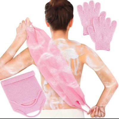 Exfoliating Nylon Back Scrubber & Gloves Set  Dual-Sided Body Washcloth for Deep Cleansing, Skin Smoothing & Shower Spa  Long Exfoliator for Hard-to-Reach Areas  Quick-Dry & Durable