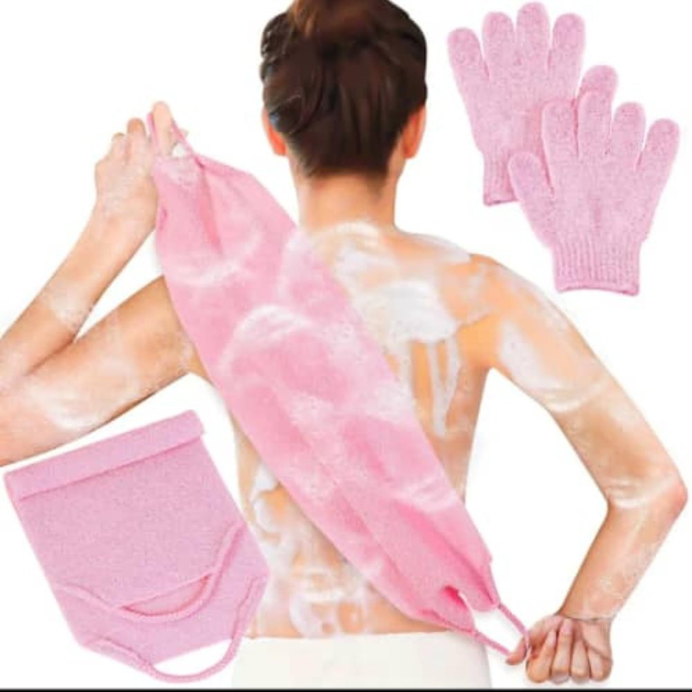 Exfoliating Nylon Back Scrubber & Gloves Set  Dual-Sided Body Washcloth for Deep Cleansing, Skin Smoothing & Shower Spa  Long Exfoliator for Hard-to-Reach Areas  Quick-Dry & Durable
