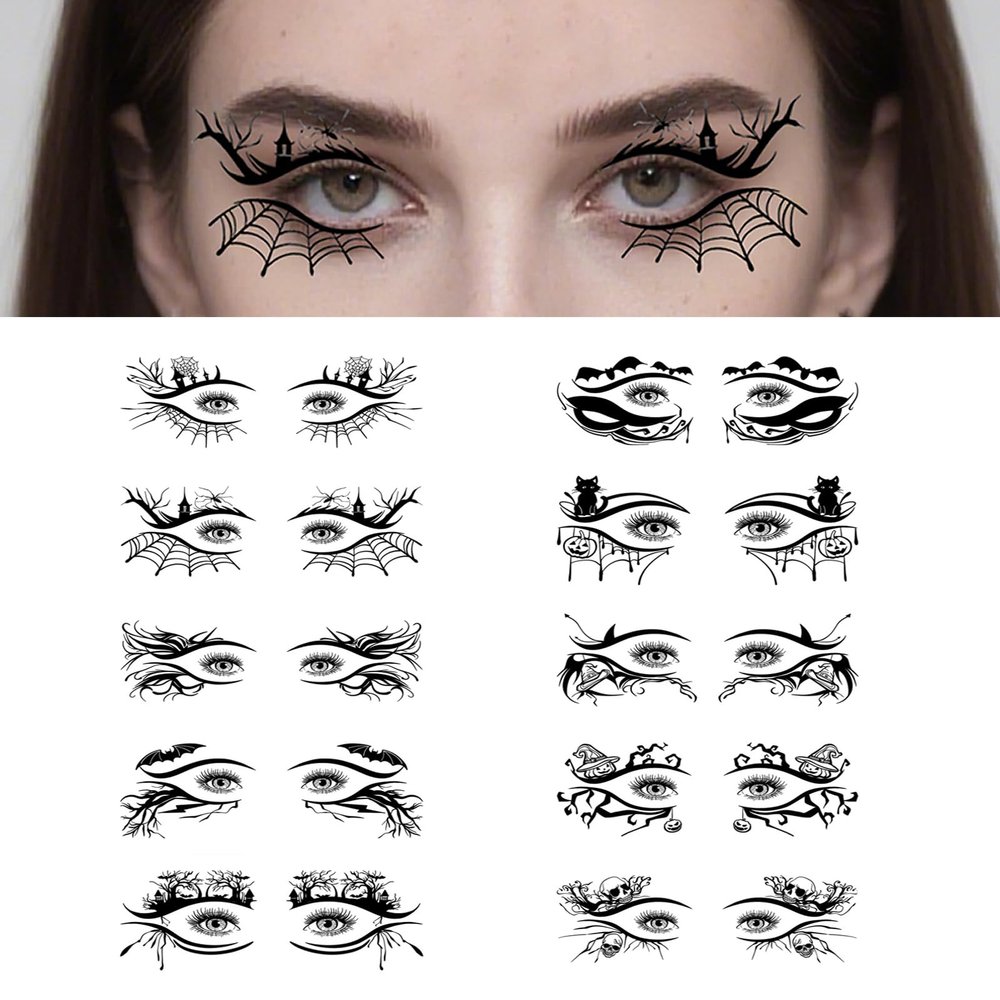 10 Sheets Halloween Face & Eye Temporary Tattoos - Spider Web & Bat Eyeliner Tattoo Stickers for Women Men Girls, Easy Makeup Kit for Masquerade Carnival Party Supplies