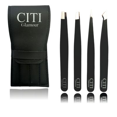 CITI GLAMOUR Professional EyeBrow, Eyebrow Tweezers for Removing Facial Hairs, Ingrown Hairs,Splinter and Blackheads Ideal for Stocking Stuffer for Men and Women Pack of 4 (Black)