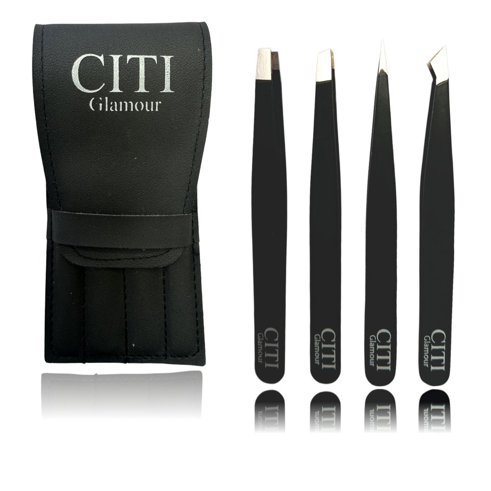 CITI GLAMOUR Professional EyeBrow, Eyebrow Tweezers for Removing Facial Hairs, Ingrown Hairs,Splinter and Blackheads Ideal for Stocking Stuffer for Men and Women Pack of 4 (Black)