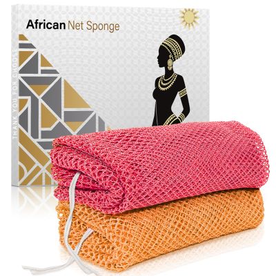 ACLMFUP Real African Net Sponge - 2 Pieces Authentic Exfoliator for Shower & Bath - Deep Cleansing Body Scrubber, Gentle Washcloth for Smooth SkinRose Red & Orange