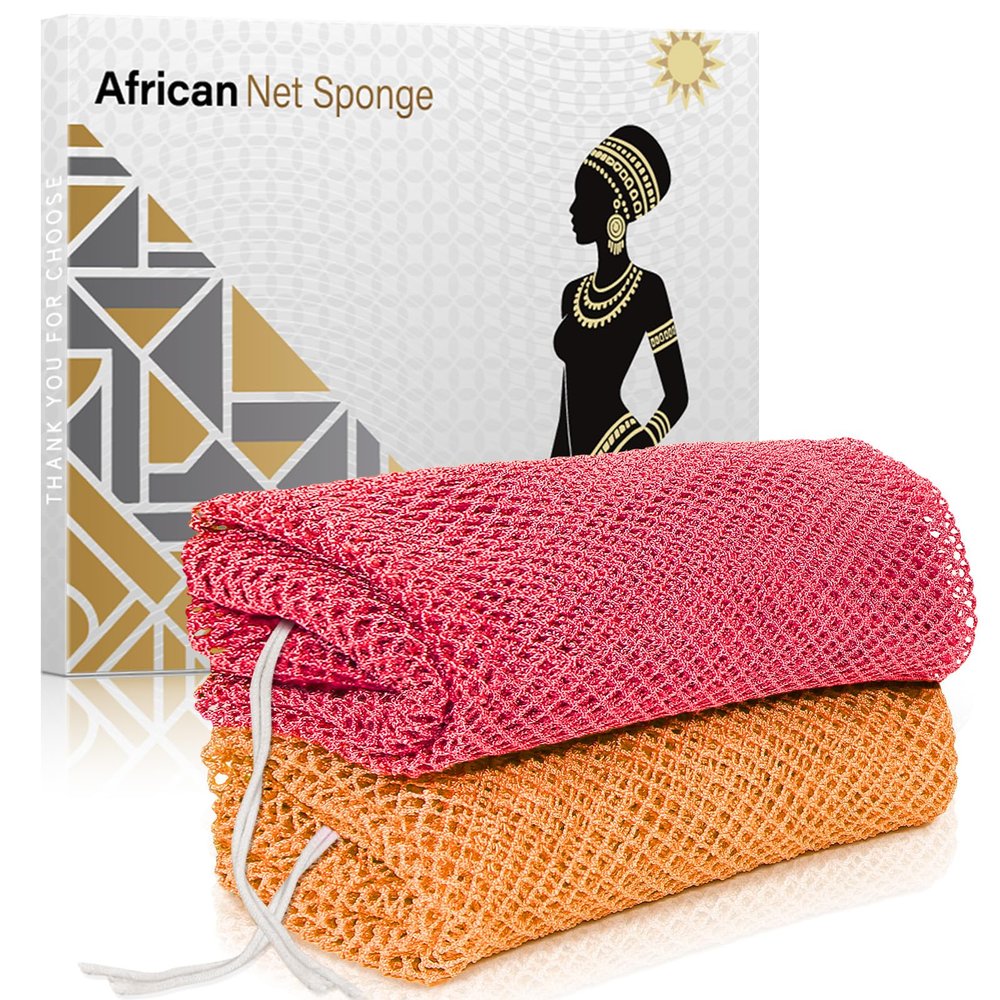 ACLMFUP Real African Net Sponge - 2 Pieces Authentic Exfoliator for Shower & Bath - Deep Cleansing Body Scrubber, Gentle Washcloth for Smooth SkinRose Red & Orange