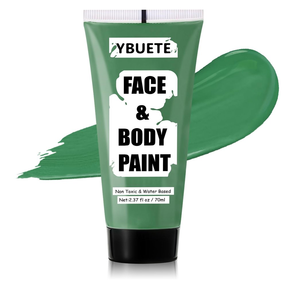 YBUETE Green Water Based Face Body Paint for St. Patricks Day, 2.37 OZ Large Tube Full Coverage Face Paint for Cosplay Gamora Hulk Witch, Washable Green Body Painting Cream Adult Halloween SFX Makeup