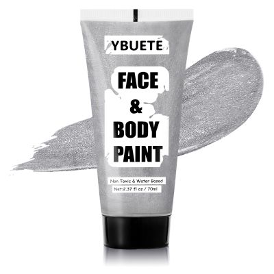YBUETE Silver Water Based Face Body Paint, 2.37 OZ Large Tube Full Coverage Face Paint for Skull Goth Cosplay, Washable Metallic Silver Body Painting Cream for Adult Carnival Halloween SFX Makeup