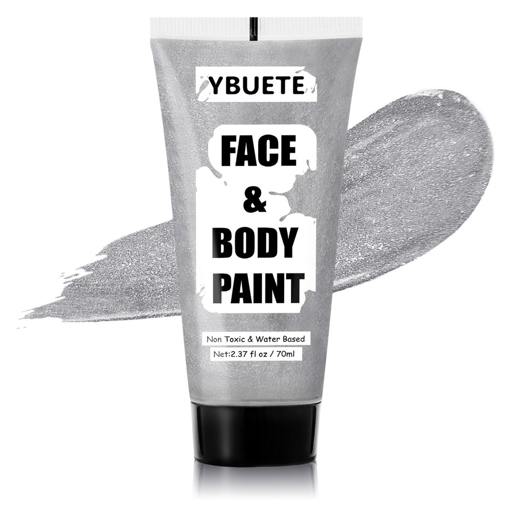 YBUETE Silver Water Based Face Body Paint, 2.37 OZ Large Tube Full Coverage Face Paint for Skull Goth Cosplay, Washable Metallic Silver Body Painting Cream for Adult Carnival Halloween SFX Makeup