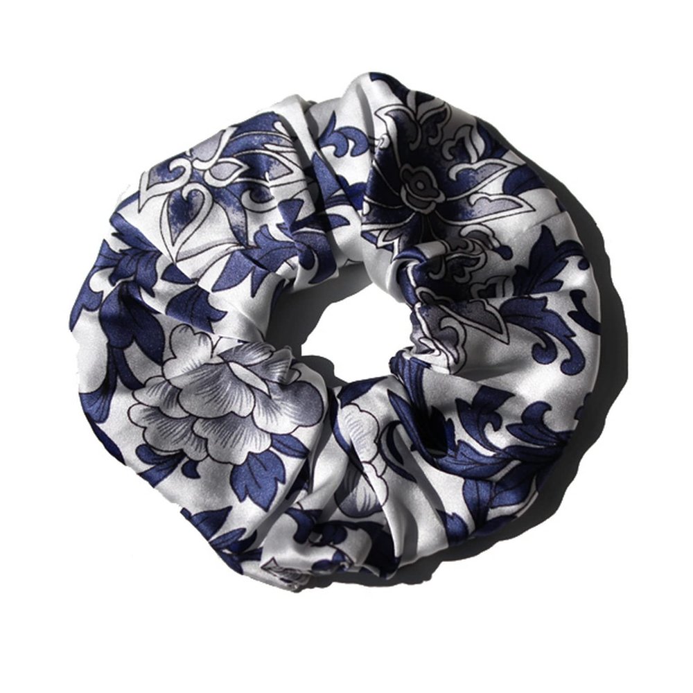 100% Pure Silk Hair Scrunchies for Women Girls Big Scrunchy Ponytail Holder Elastic Bobbles Ties Band Luxurious 19MM 6CM(Blue Floral)