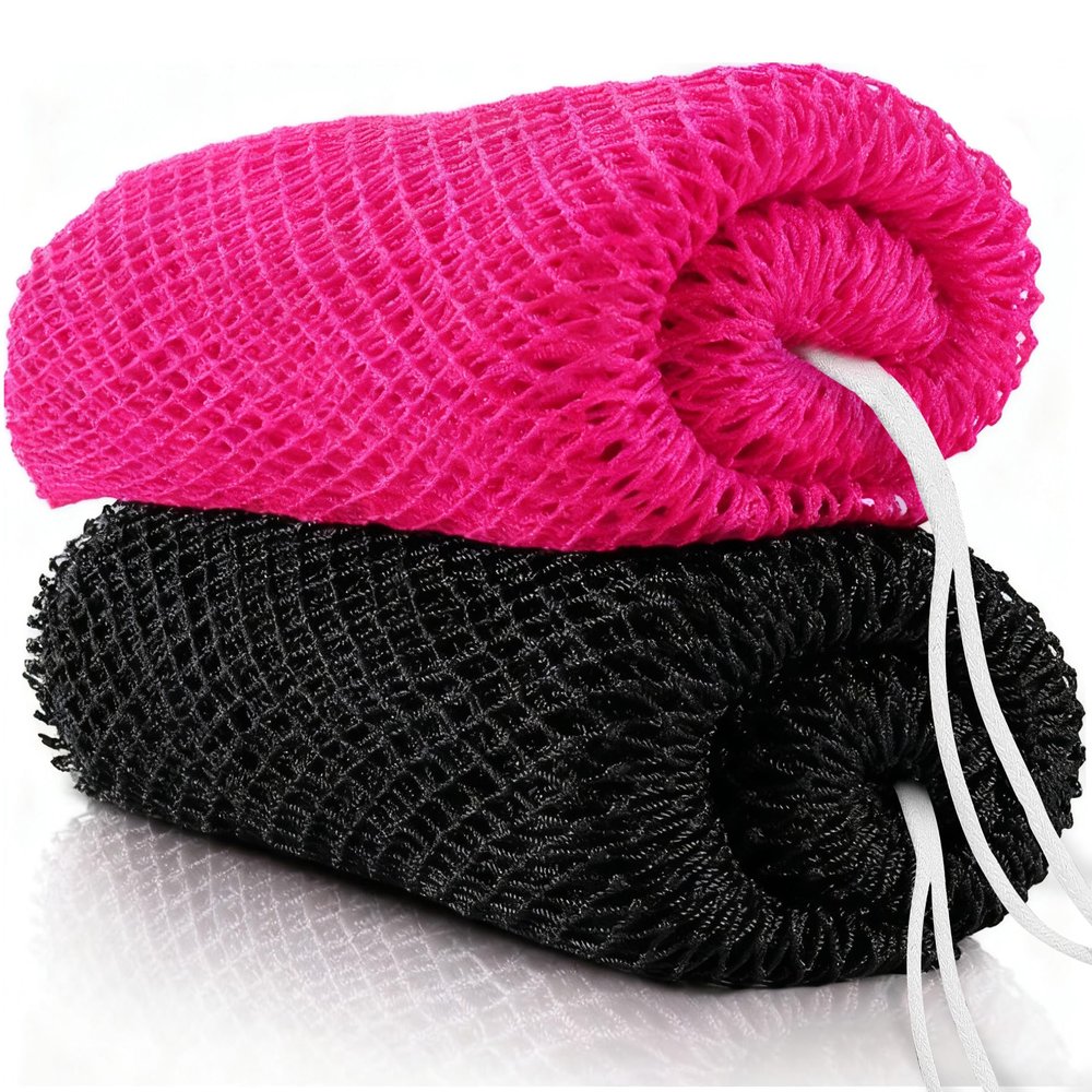 ACLMFUP Real African Net Sponge - 2 Pieces Authentic Exfoliator for Shower & Bath - Deep Cleansing Body Scrubber, Gentle Washcloth for Smooth SkinBlack & Rose Red