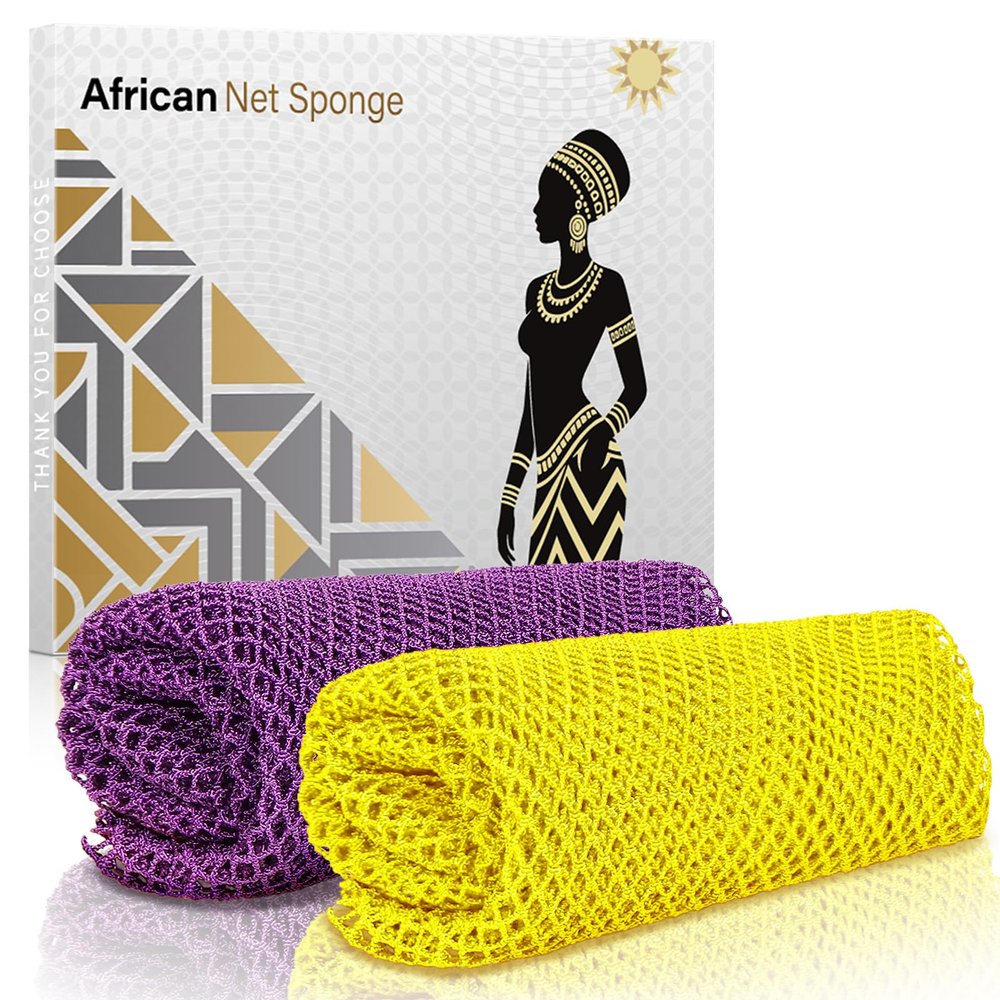 ACLMFUP African Net Sponge: Authentic Exfoliating Bath & Body Scrubber for Deep Clean & Smooth Skin - Gentle on Sensitive Skin, 2 PiecesYellow & Dark Purple